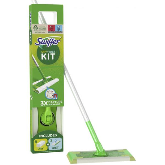 Swiffer Kit preassemblato Dry+Wet scopa con 1 manico / 8 Panni Bagnato / 3 Panni Asciutto